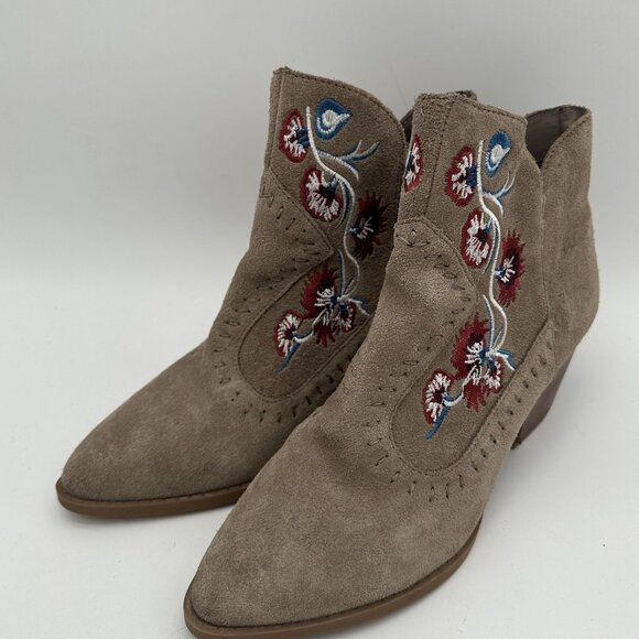 Embroidered Suede Ankle Boots With Floral Design & Side Zip Closure - Picture 1 of 6